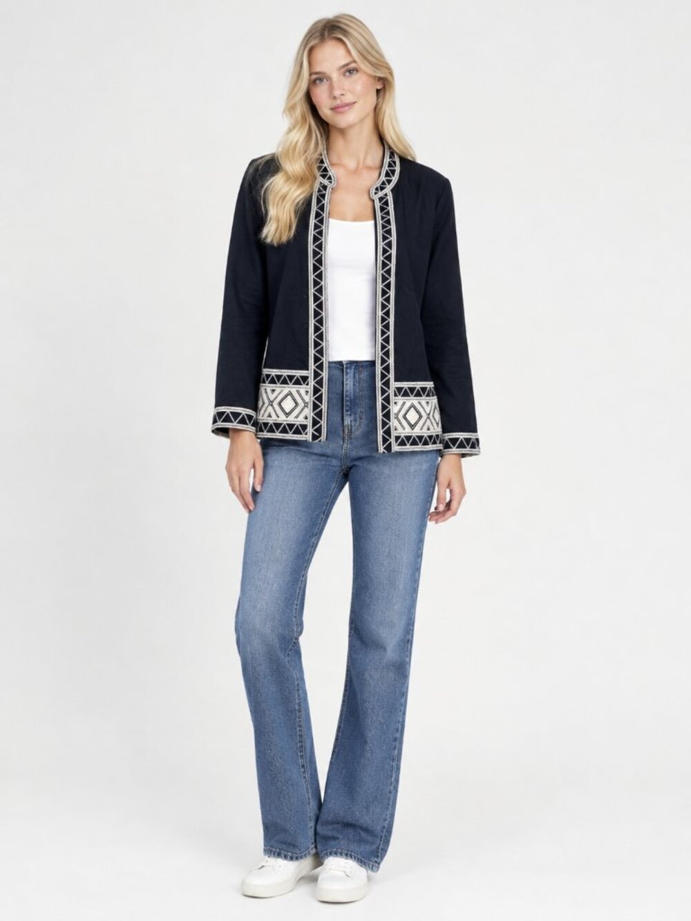 Chico's Artisan Tapestry Trim Boho Jacket Blazer Black 8 #A5223
